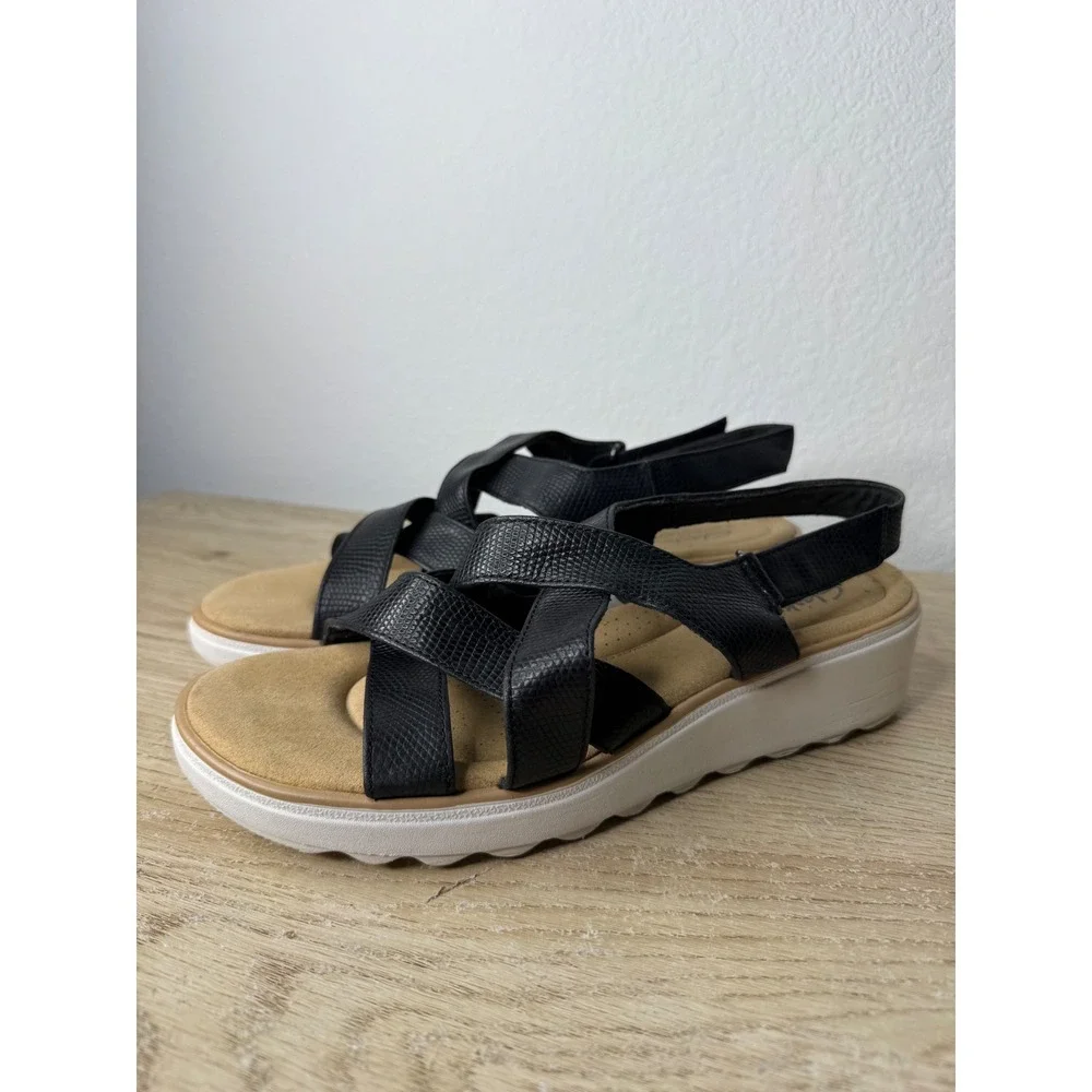 Clarks Collection Jillian Black Snakeskin Strappy Wedge Sandals‎ Womens 10W